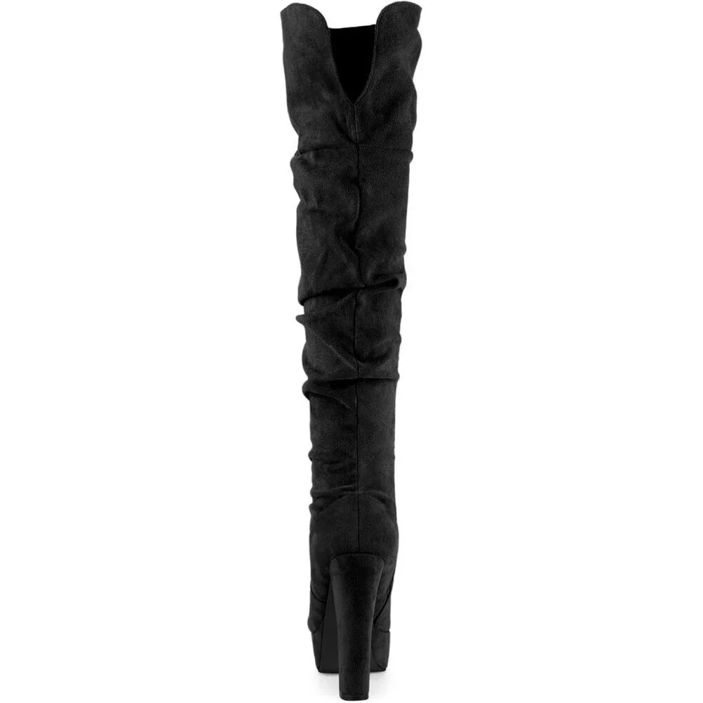 Women Black Platform Round Toe Zipper Slouch Heel Over the Knee Thigh High Boot